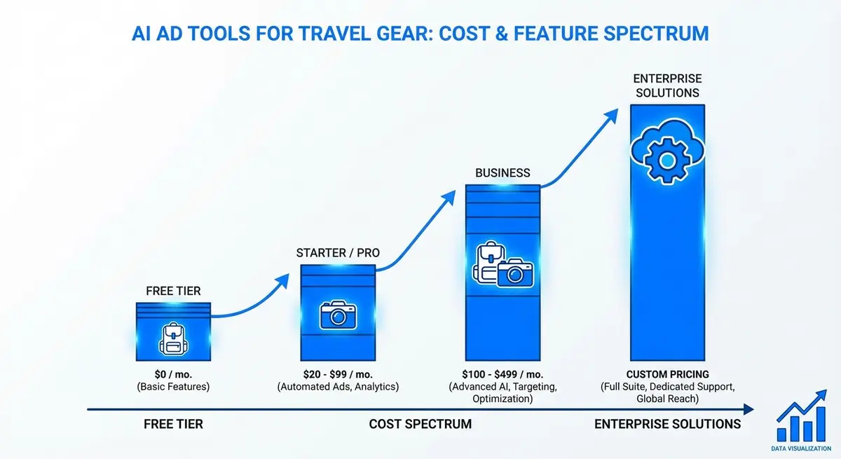Cost spectrum of AI ad generation for travel gear cost from free to enterprise