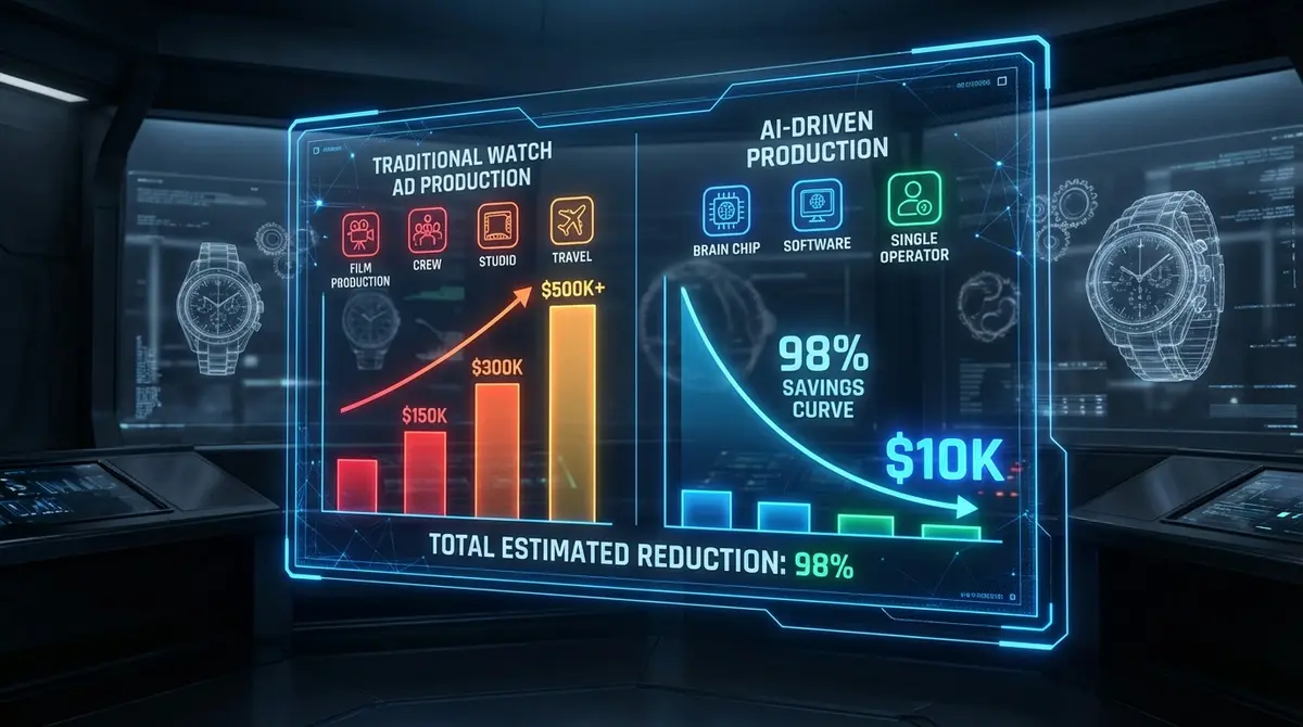 Infographic showing the 98% savings in AI ad generation for watches cost compared to manual production
