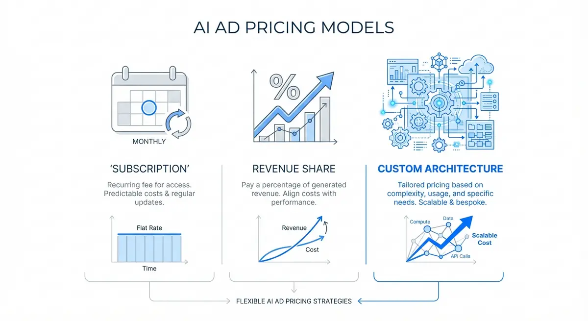 Infographic comparing subscription, revenue share, and custom architecture models for AI ad generation for woocommerce cost