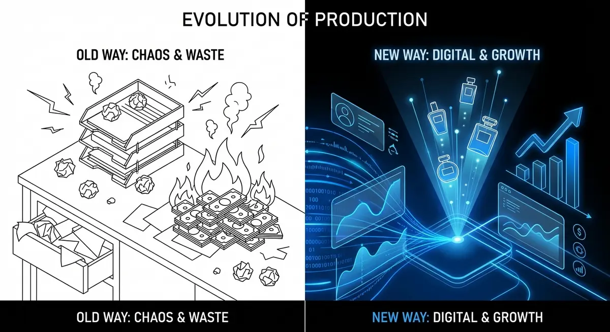 Comparison of expensive manual ad creation versus efficient AI ad generation for fragrance brands pricing