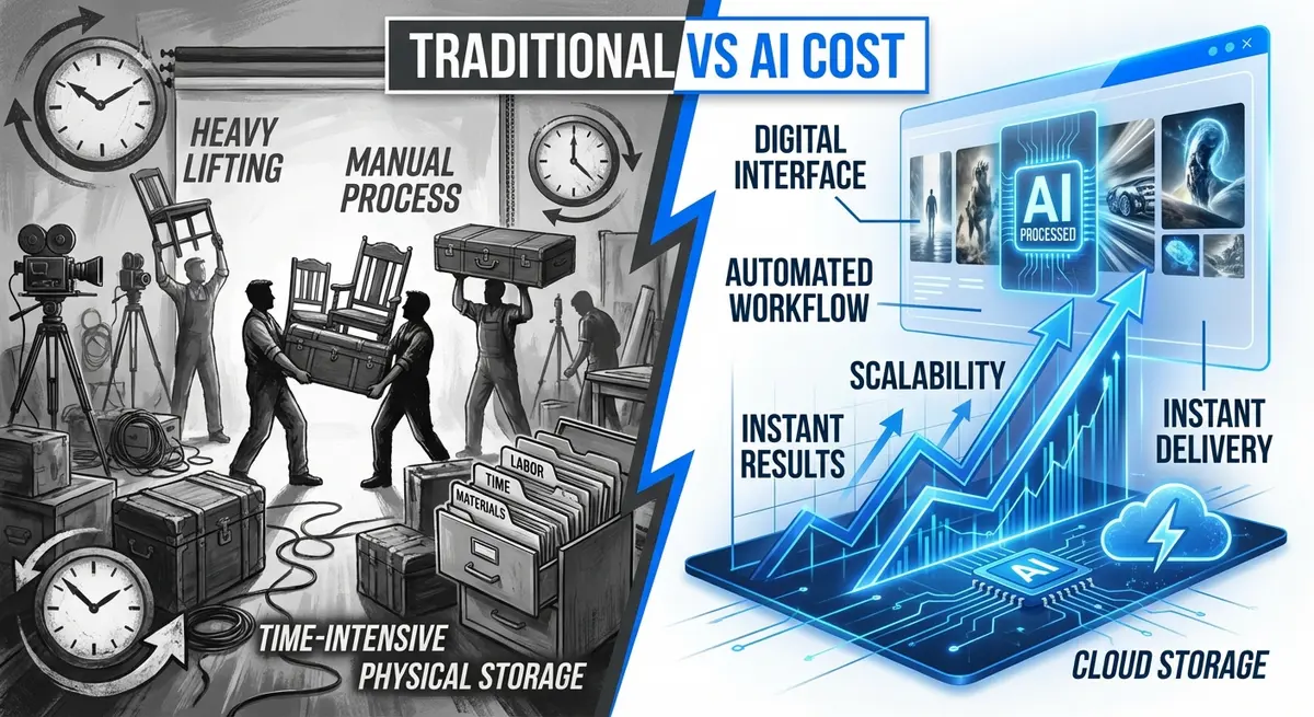 Comparison of traditional photography costs versus AI ad generation for furniture stores cost savings