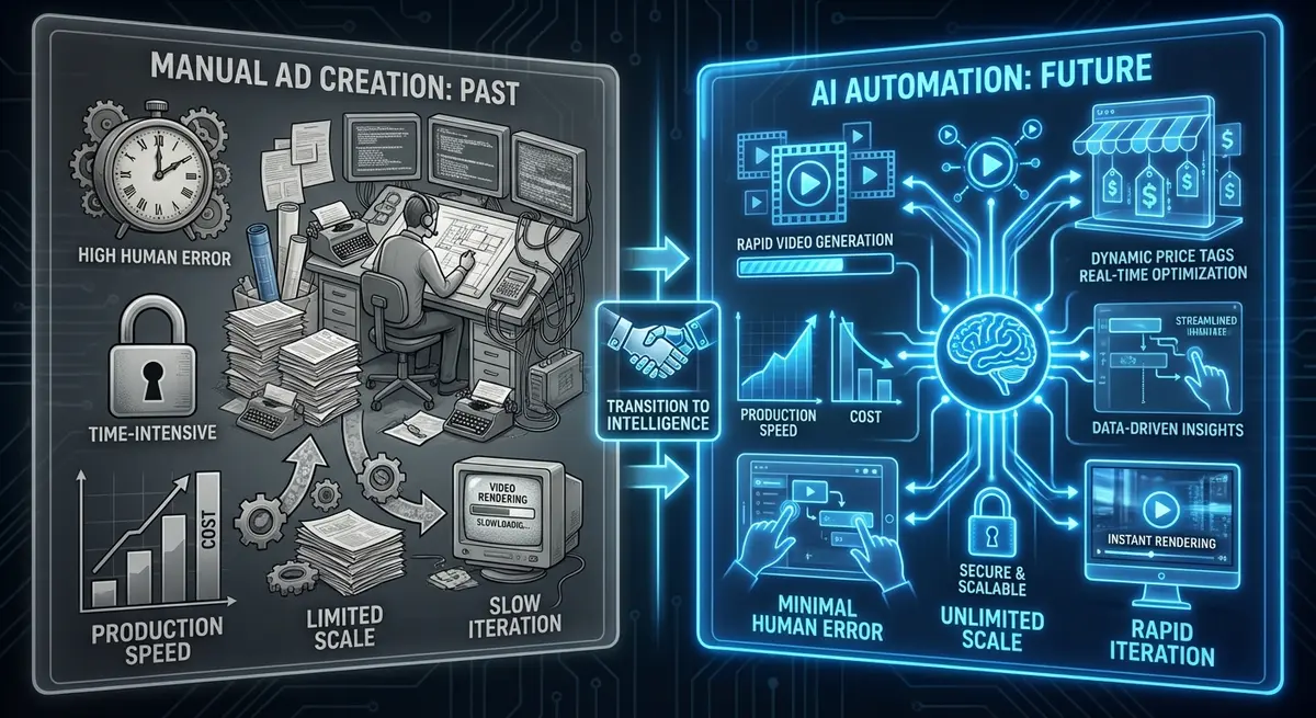 Infographic showing the efficiency shift in AI ad generation for gaming accessories pricing