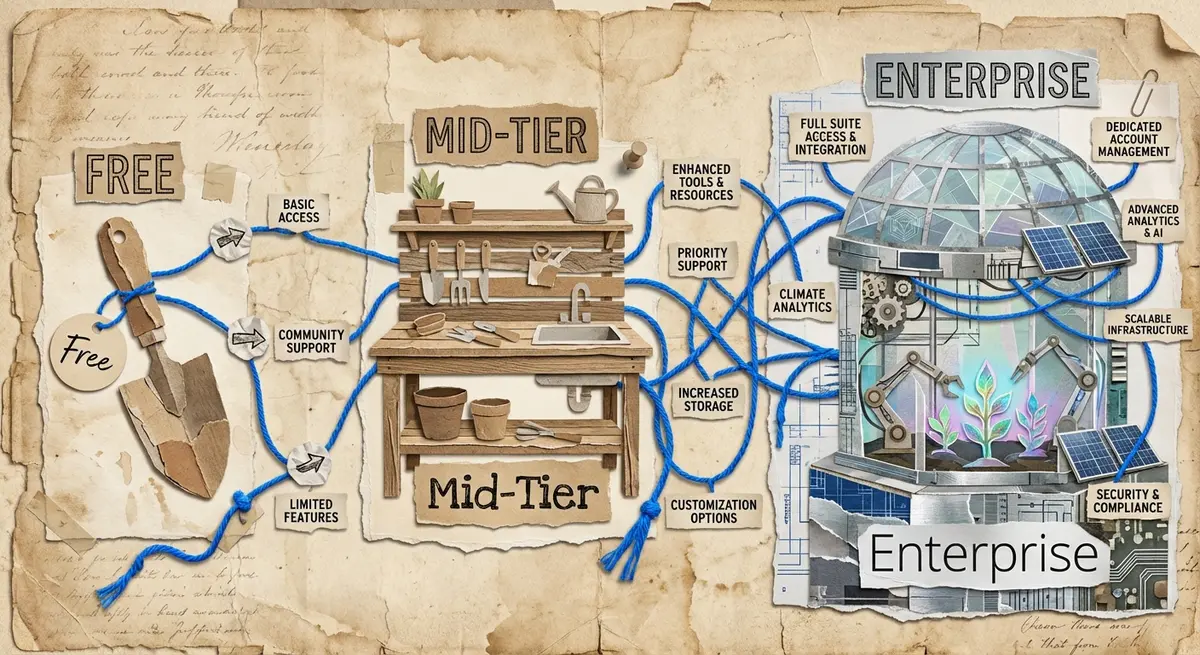 Infographic showing three tiers of ai ad generation for garden supplies cost from DIY to Enterprise