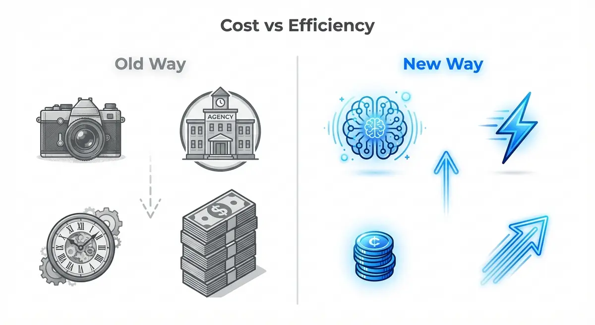 Infographic comparing traditional agency costs versus ai ad generation for golf brands cost
