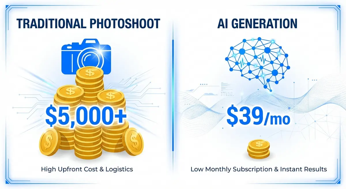 Infographic comparing traditional handbag photoshoot costs vs AI ad generation costs