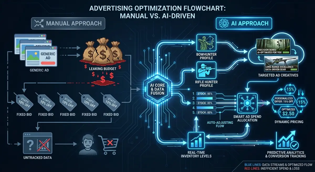 Comparison infographic showing manual vs AI ad generation for hunting gear pricing workflows