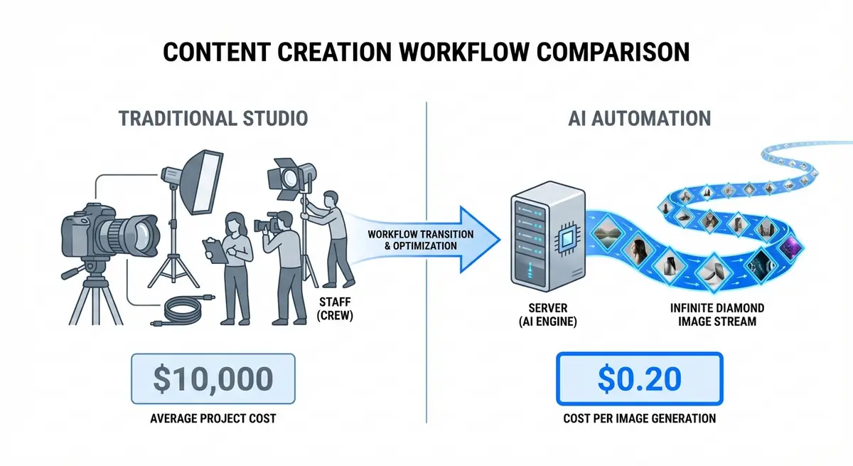 Infographic comparing traditional studio expenses vs ai ad generation for jewelry brands cost