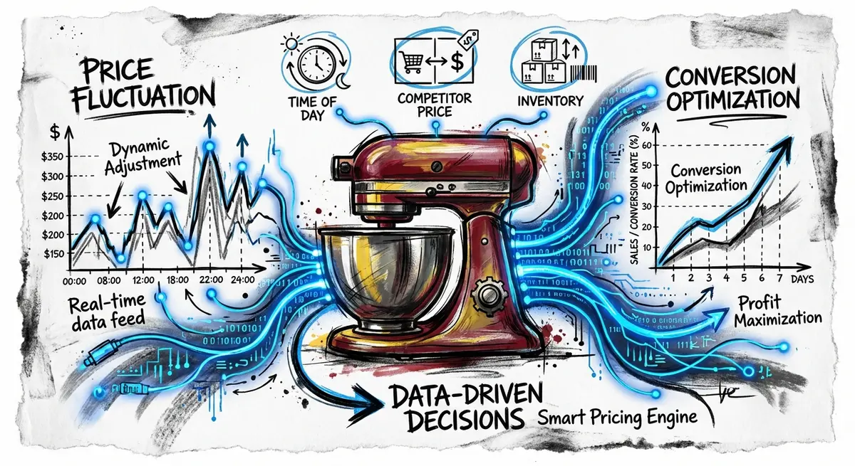 Infographic showing dynamic pricing integration with AI ad generation for kitchen products pricing