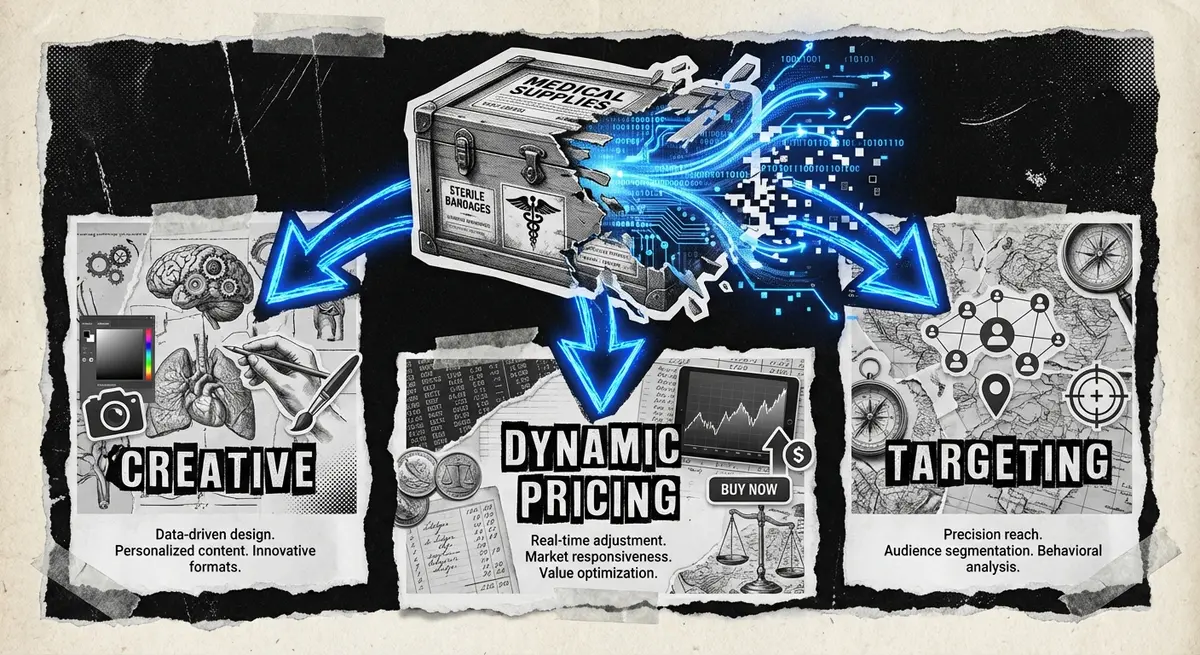 Infographic showing how ai ad generation for medical supplies pricing optimizes creative and targeting