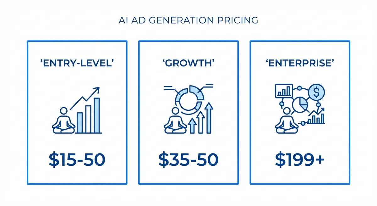 Infographic showing ai ad generation for meditation brands cost tiers from starter to enterprise