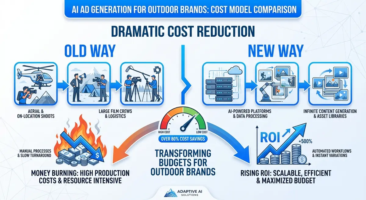 Infographic comparing traditional outdoor photoshoot costs versus AI ad generation for outdoor brands cost efficiency