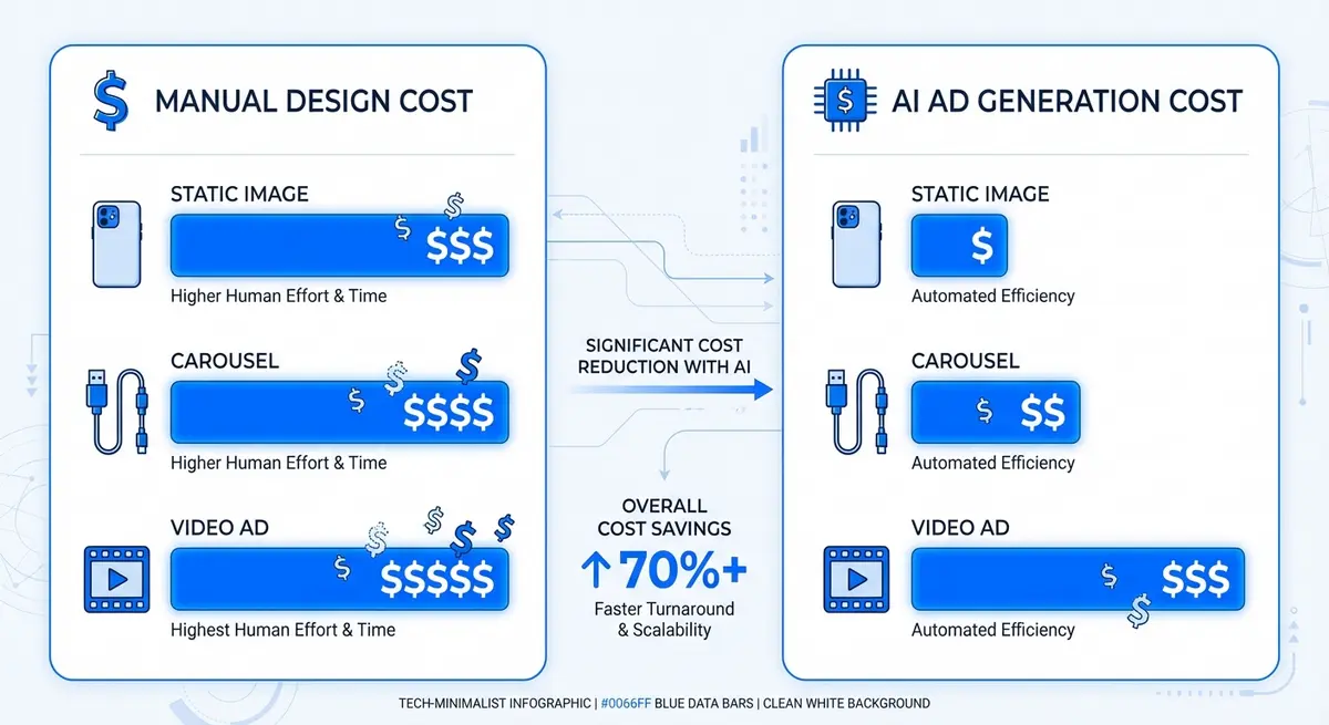Infographic breaking down ai ad generation for phone accessories cost versus manual design