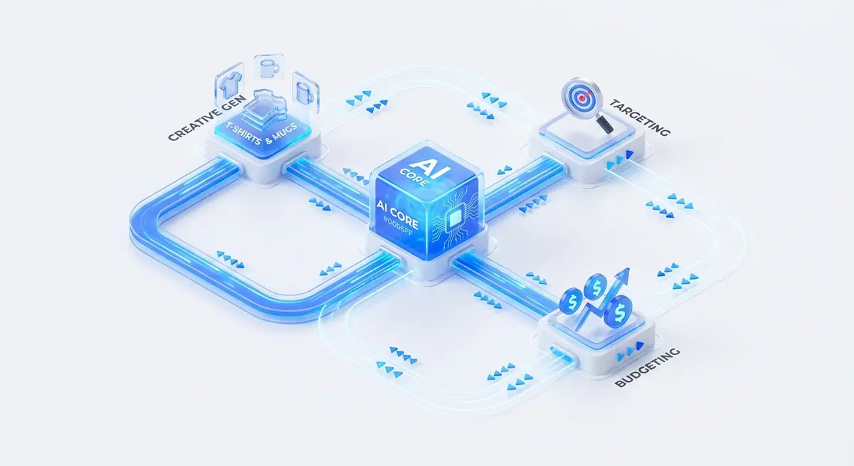 Infographic showing the ecosystem of ai ad generation for print on demand cost tools including creative and budget optimization