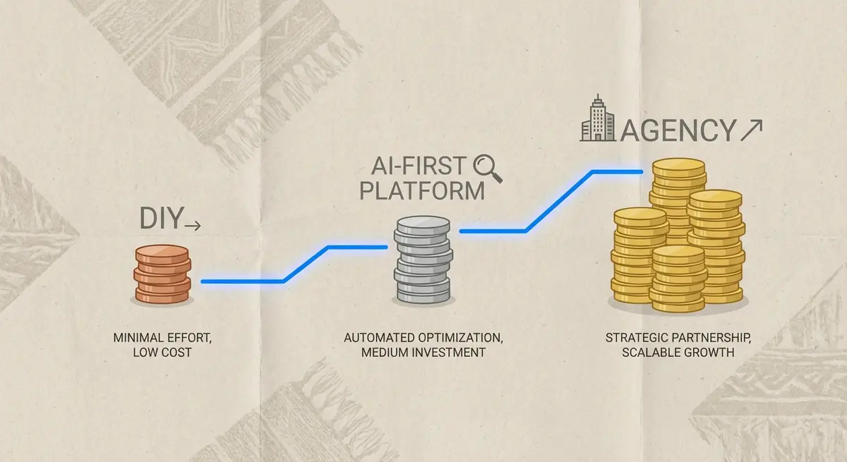 Infographic comparing AI ad generation for rug brands cost tiers