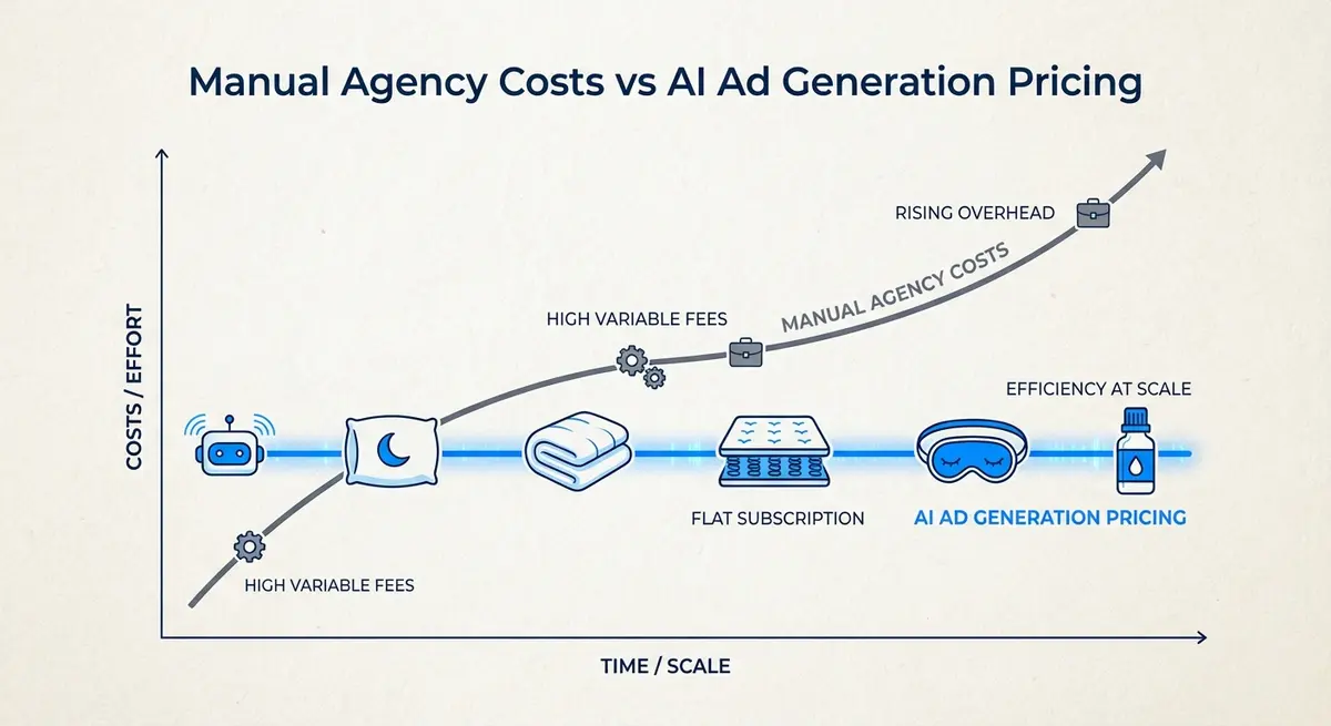 Chart comparing manual agency fees versus ai ad generation for sleep products pricing