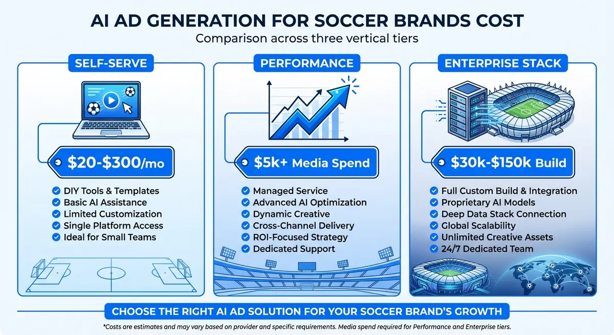 Infographic comparing ai ad generation for soccer brands cost across three tiers