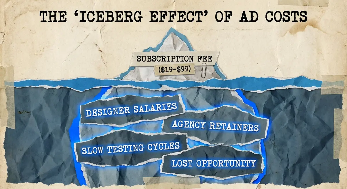 Infographic showing the true ai ad generation for stationery brands cost beyond subscriptions