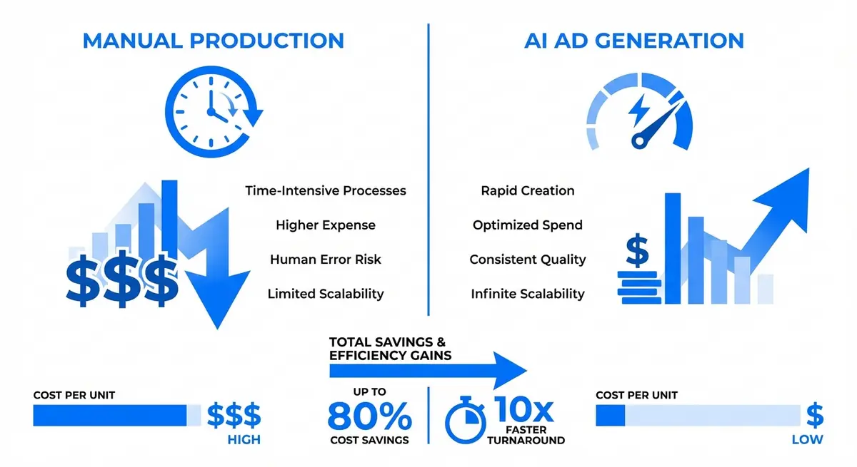 Infographic comparing manual ad production costs versus AI ad generation for supplement brands pricing