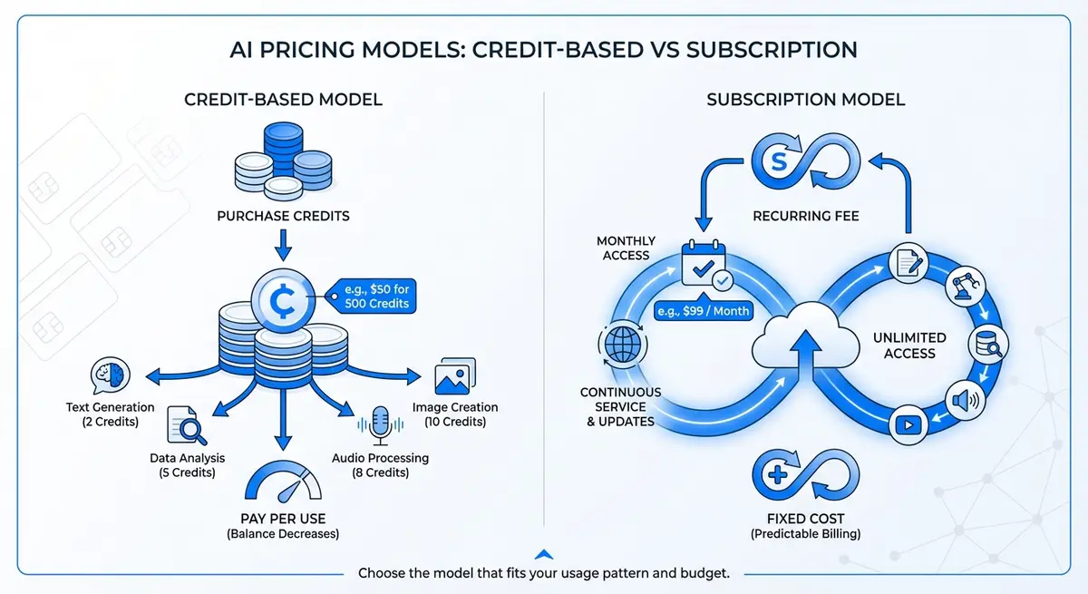 Infographic comparing credit-based vs subscription pricing models for AI ad generation