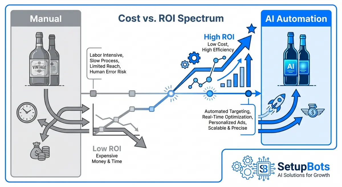 Infographic comparing manual marketing vs ai ad generation for wine stores cost and ROI