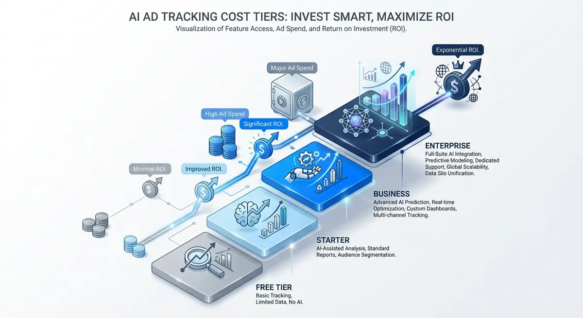 Infographic showing different AI ad tracking software cost tiers and features