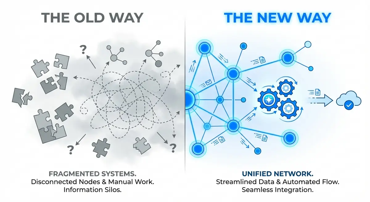 Comparison of fragmented AI tools versus integrated AI agent systems
