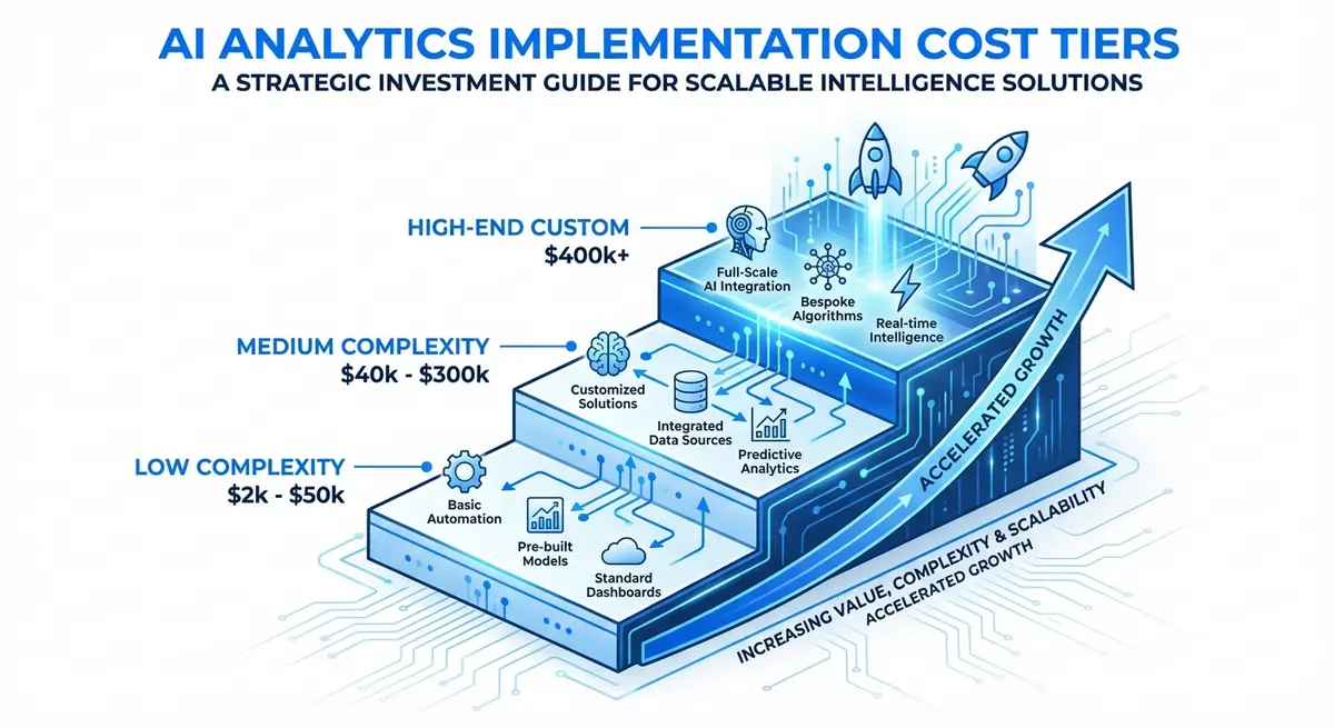 AI analytics implementation pricing tiers infographic