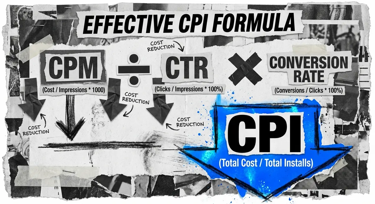 Infographic showing the formula for effective AI app install ads cost