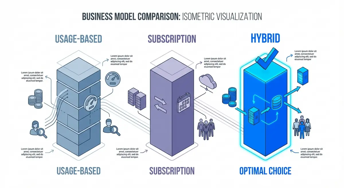 Infographic comparing usage-based, subscription, and hybrid AI application form pricing models