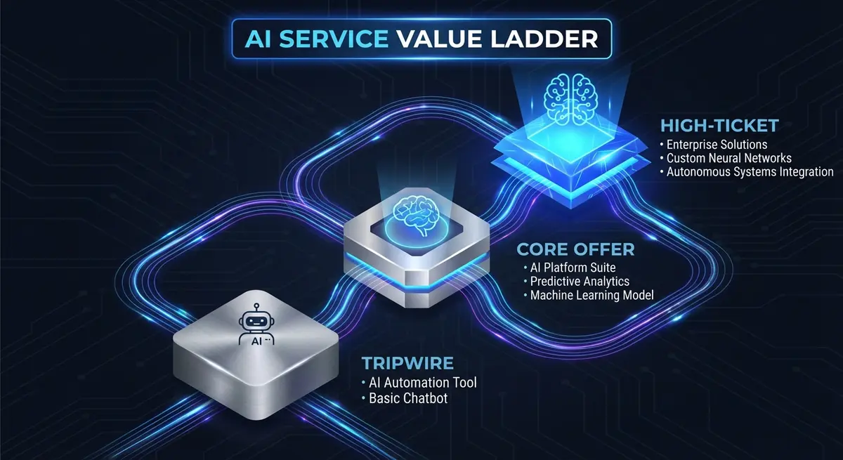 Tiered value ladder infographic showing ai application funnel pricing levels from tripwire to high-ticket