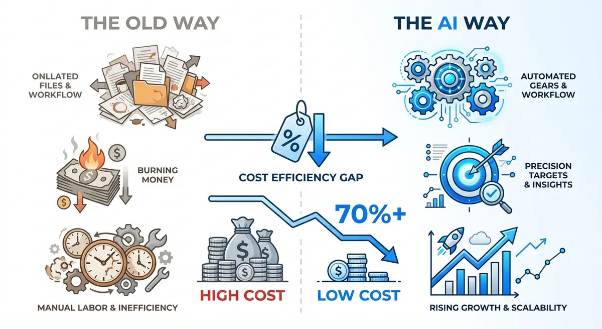 Infographic comparing manual lead gen costs versus ai appointment funnel cost efficiency