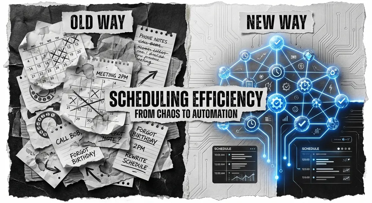Infographic comparing manual scheduling chaos with organized AI appointment scheduling agent pricing tiers