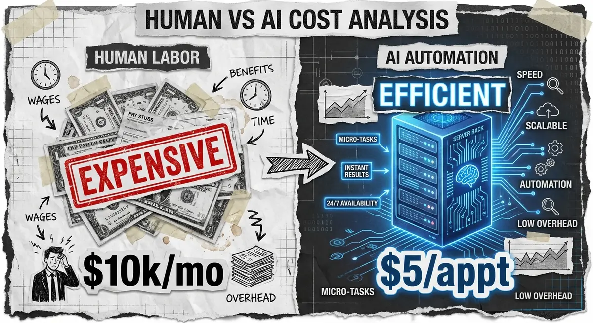 Comparison of human salary overhead versus AI appointment setter cost for solar companies