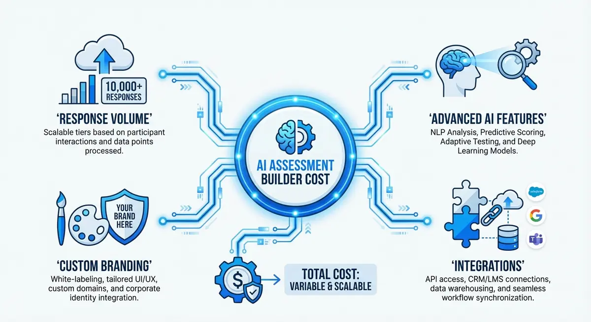 Infographic breaking down factors influencing ai assessment builder cost