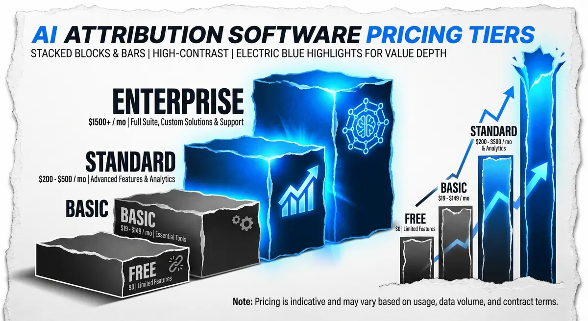 Infographic showing ai attribution software cost tiers from free to enterprise
