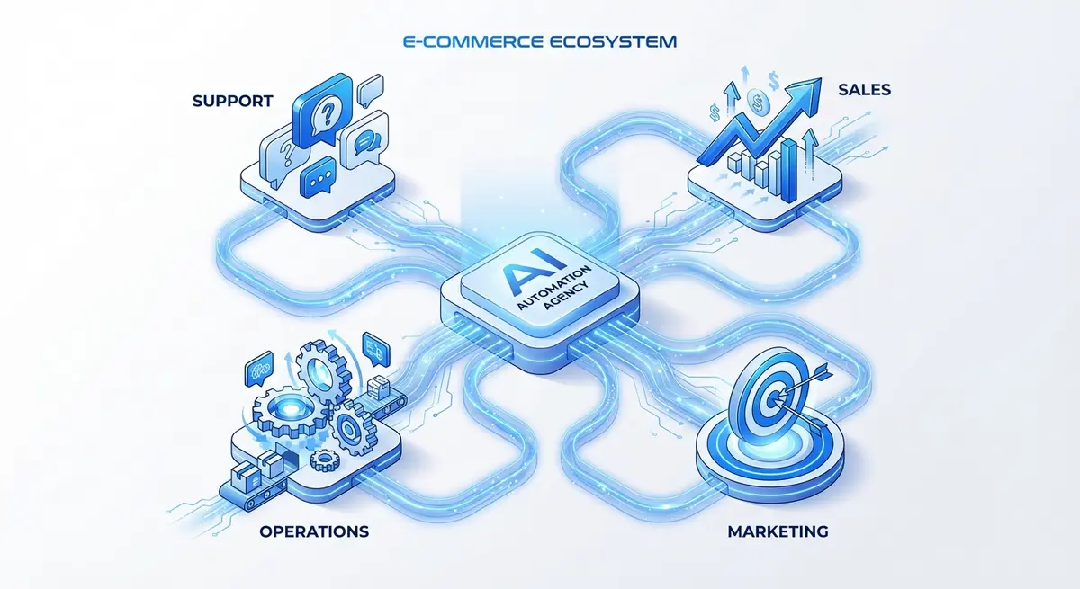 Infographic showing how an ai automation agency for ecommerce stores integrates support, sales, and operations