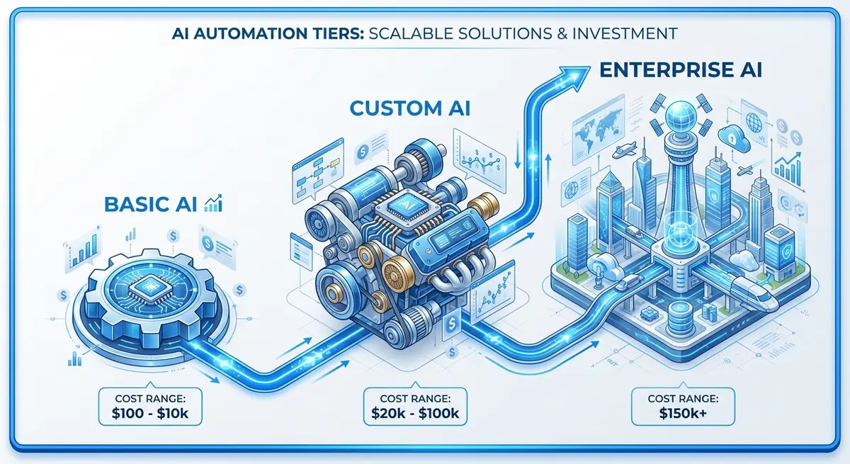 Infographic showing three tiers of AI automation setup cost from basic to enterprise