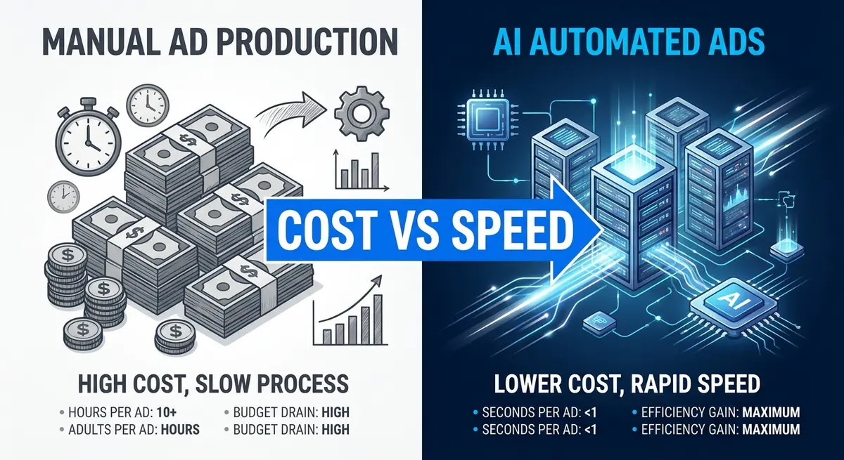 Infographic comparing manual ad production costs versus AI awareness ads pricing efficiency