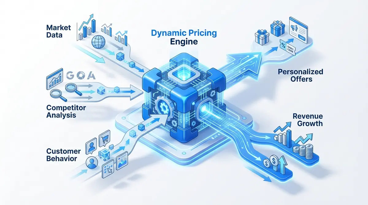 Infographic showing how AI B2B funnel pricing engine processes data to create dynamic offers