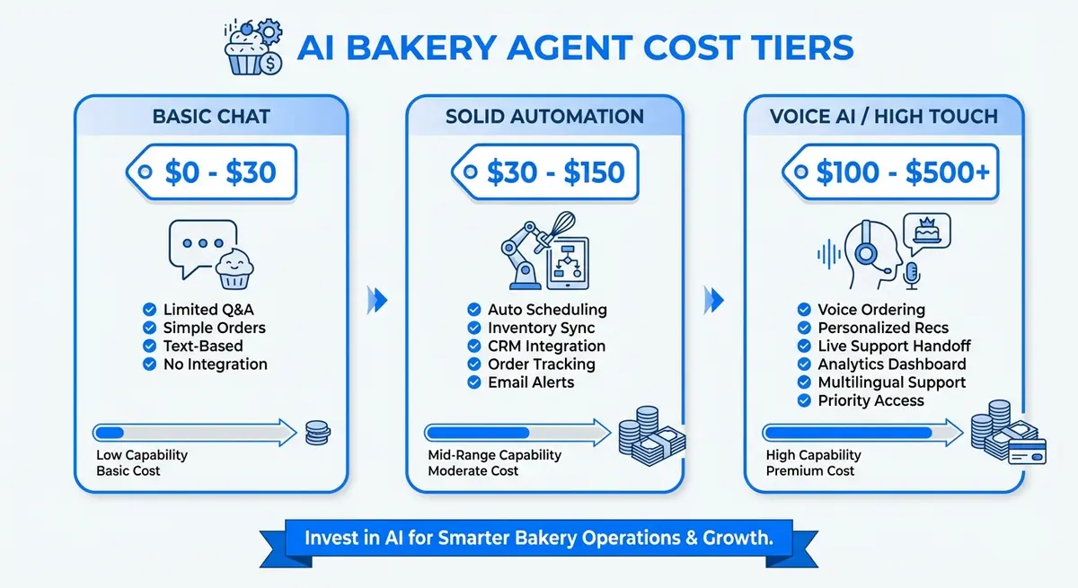 Infographic showing ai bakery agent cost tiers from basic chatbots to voice AI
