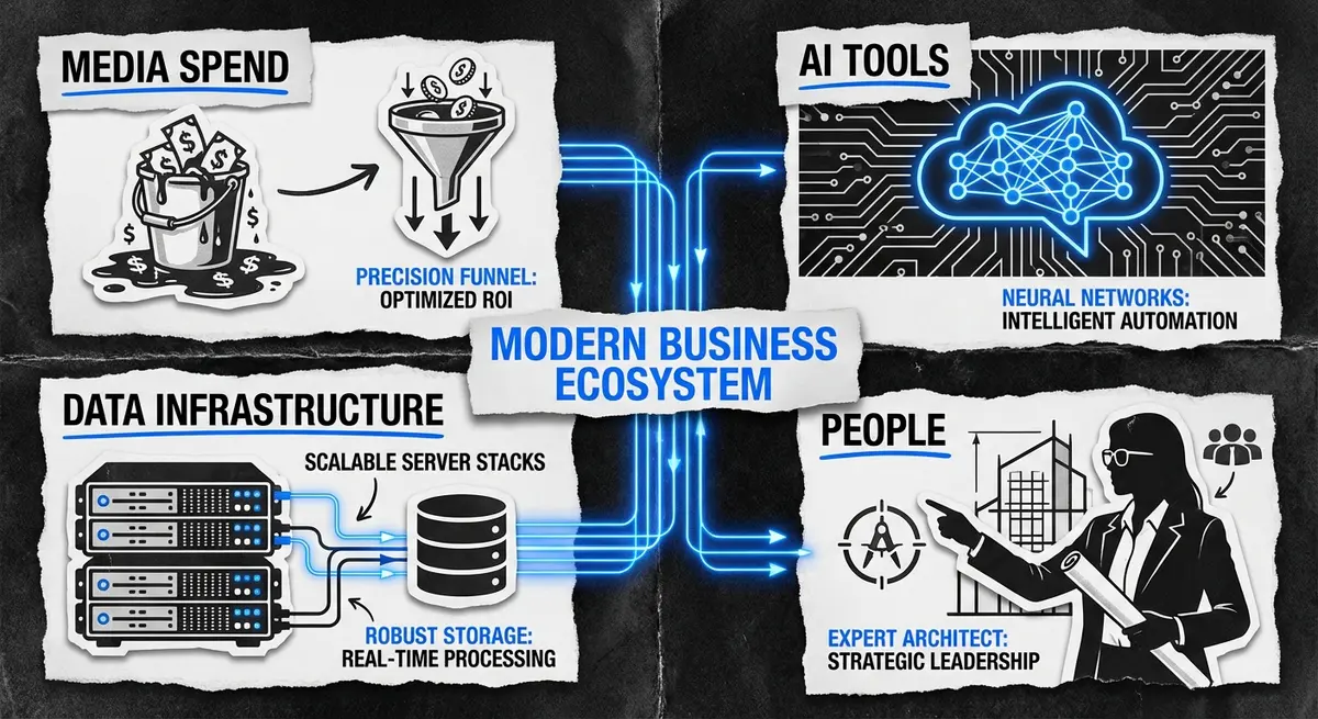 Breakdown of ai behavioral targeting cost components: Media, Tools, Data, and People