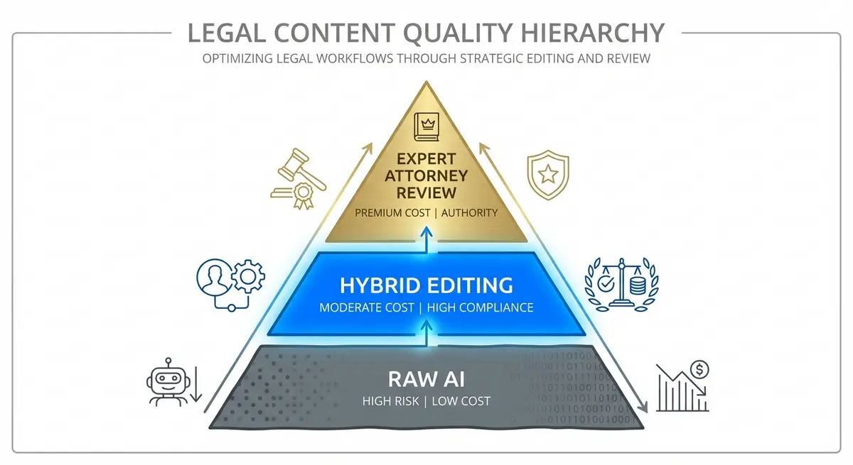 Infographic comparing AI blog writing cost for law firm SEO across different quality tiers