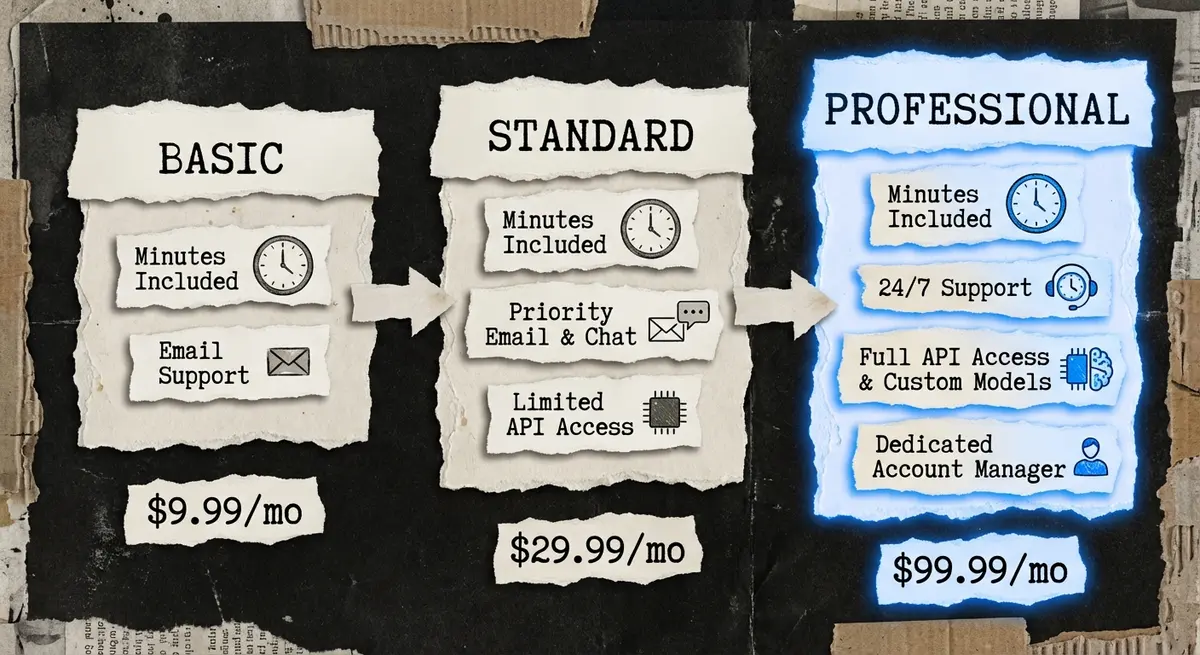 Infographic showing common ai booking agent pricing tiers and features