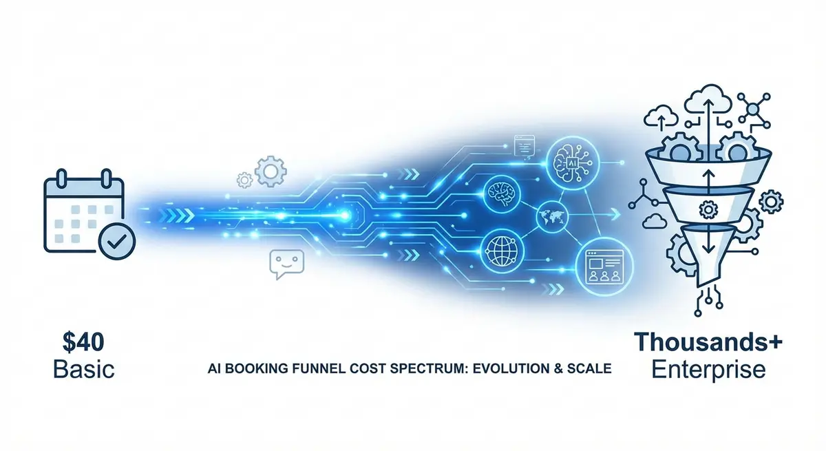 Infographic showing the range of AI booking funnel cost from basic tools to enterprise systems