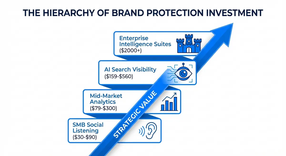 Infographic showing AI brand monitoring pricing tiers from SMB to Enterprise