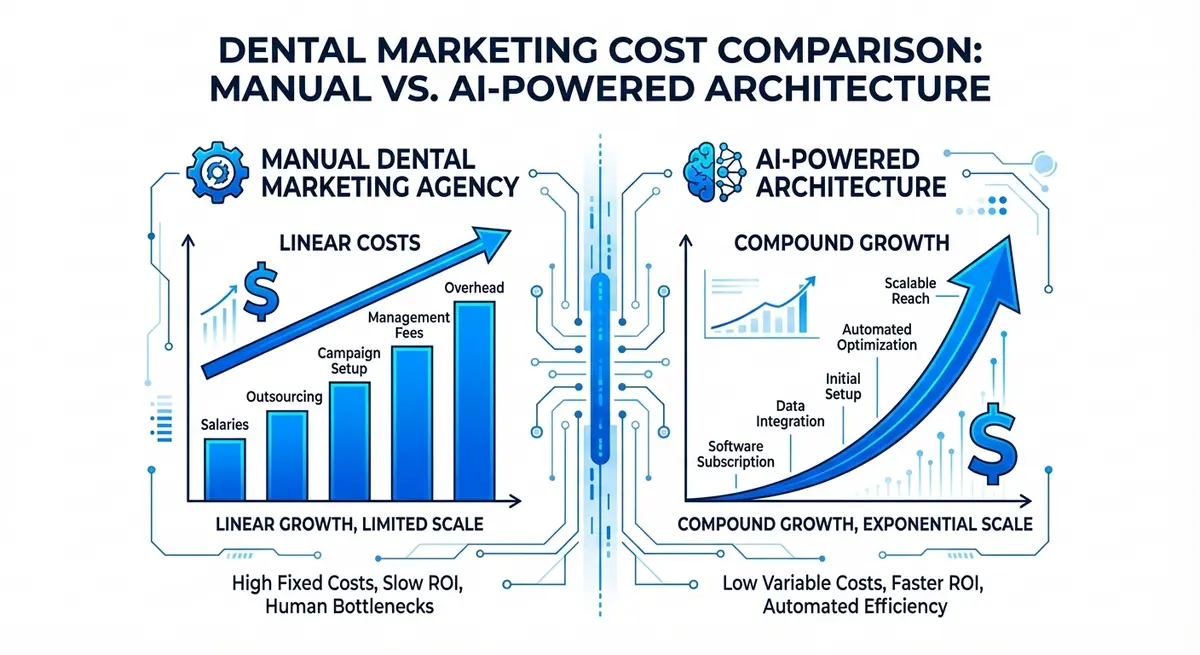 Chart comparing manual marketing costs versus AI brand visibility for dental practices cost efficiency