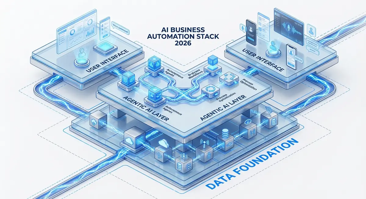 Diagram of the AI Business Automation Stack 2026 showing agentic AI layers