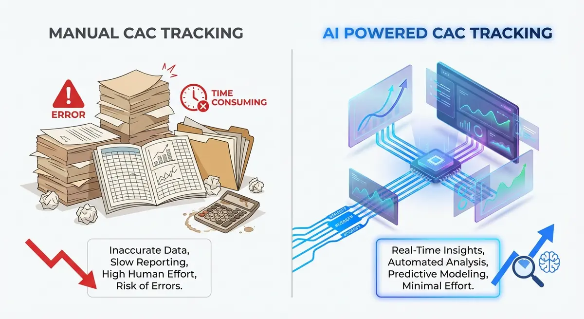 Comparison of manual spreadsheet tracking versus AI CAC tracking pricing models