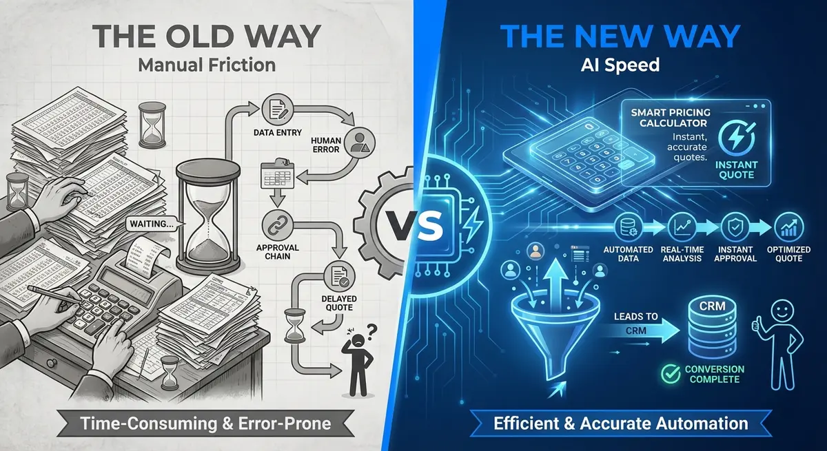 Infographic comparing manual spreadsheets to AI calculator builder pricing tools for lead generation