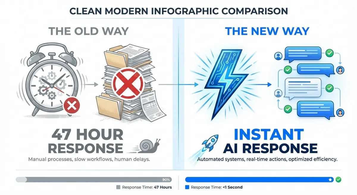 Infographic comparing manual dealership lead management versus AI car buying assistant efficiency